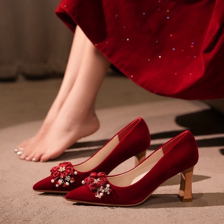 Bride's Women, 2025 Autumn New Style, Shallow Mouth, Thin Heel, Women's Shoes, Xiuhe Dress High Heels, Pearl_vogvips.com