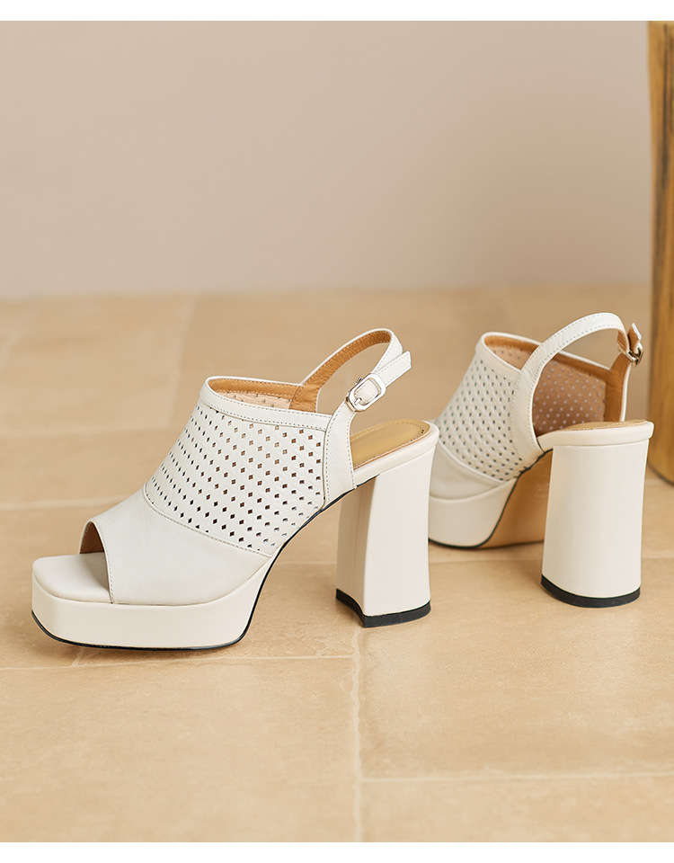 Sandal cao gót nữ hở mũi đế platform gót vuông 9 cm, quai ngang khóa, phong cách La Mã — màu đen, màu trắng ngà chi tiết 21