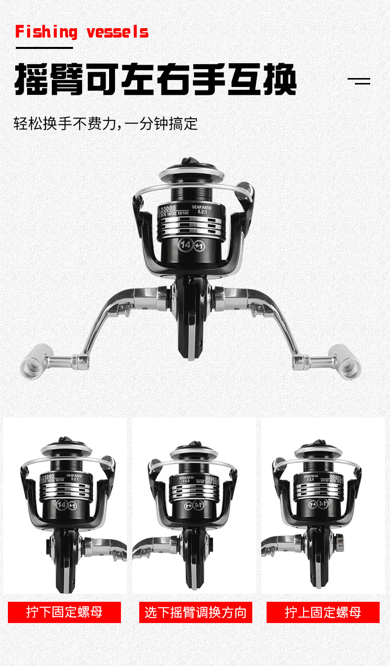 厂家批发黑色渔轮 加粗全金属路亚纺车轮抛线环金属摇臂海竿鱼轮