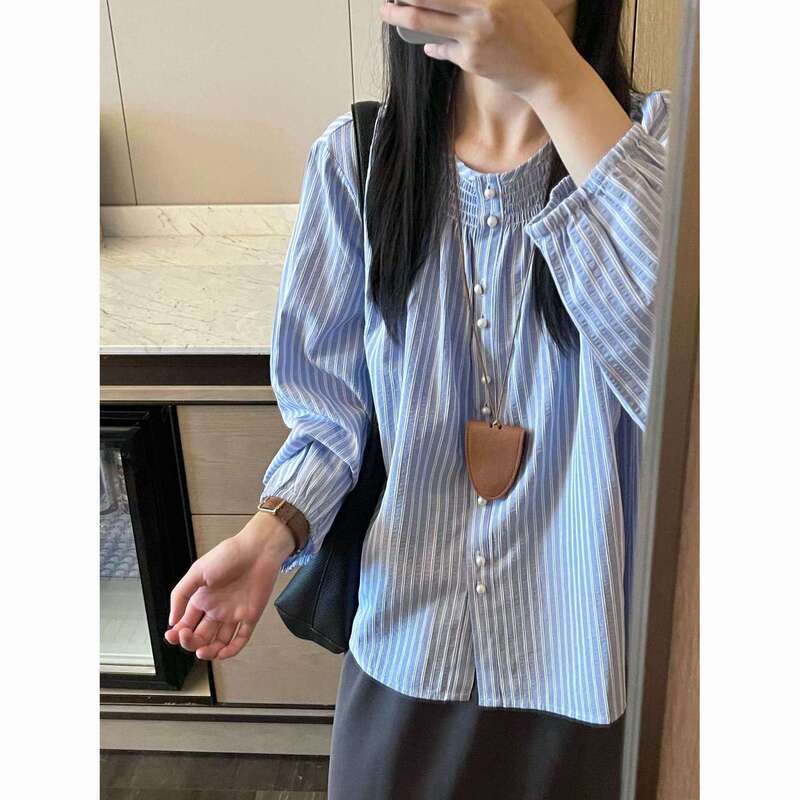 2026Fd French-Style Striped Pearl Button Shirt for Women, Autumn 2025 New Early Autumn Chic Style