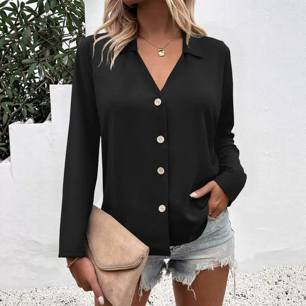 欧美跨境2025春夏新款亚马逊外贸女装纯色长袖冰丝优雅扭扣衬衫女