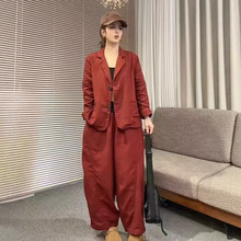 新品复古宽松西装领上衣九分哈伦裤两件套双纱套装女