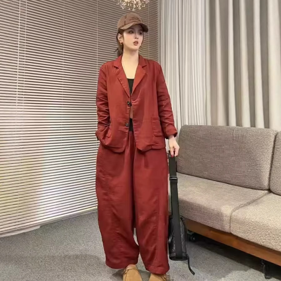 新品复古宽松西装领上衣九分哈伦裤两件套双纱套装女