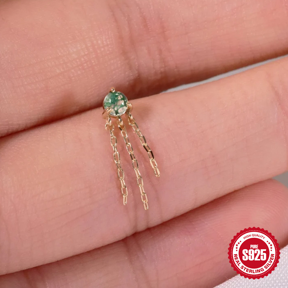 El nuevo s925 simple y moderno hierba de agua natural, uñas de hueso de oreja de ágata, personalidad de lujo ligera europea y americana, pendientes de piedra de musgo verde con incrustaciones