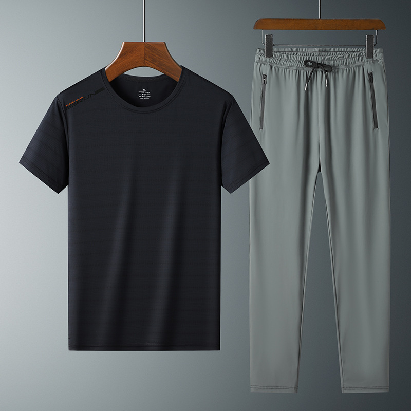 Moda pantalones de seda de hielo cuello redondo Camiseta de dos piezas para hombres talla grande suelta de secado rápido traje deportivo LOGO se puede formular