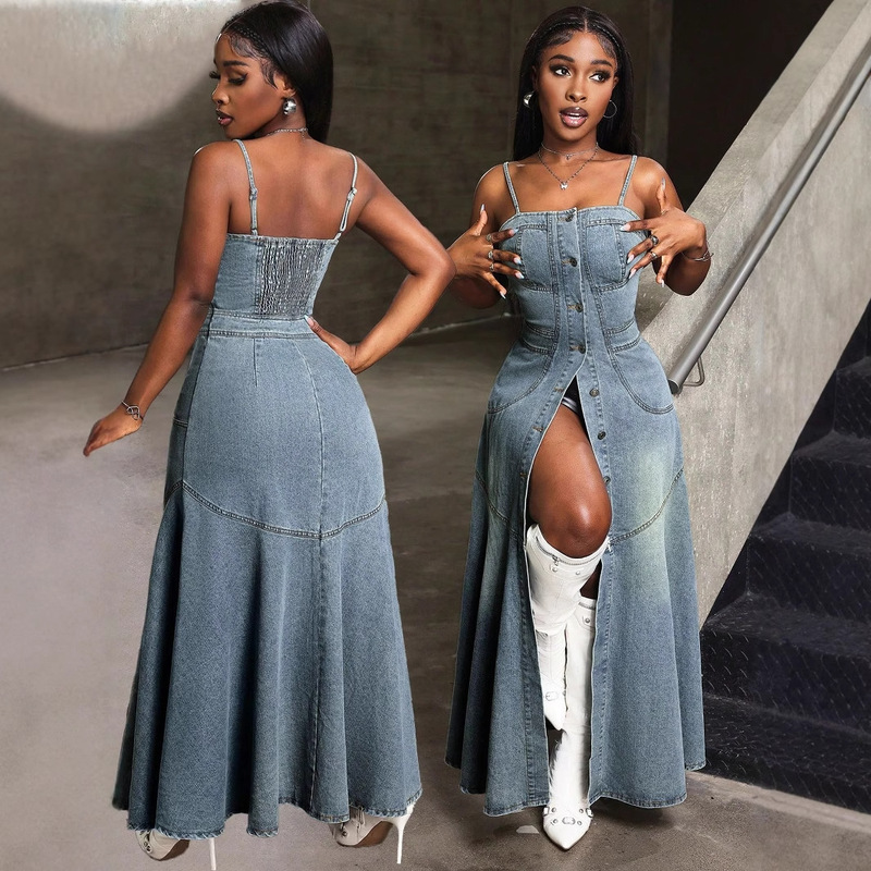 In Stock-15811 # Amazon Cross-Border Foreign Trade Fashionable Mid-Length Single-Breasted Suspender Denim Dress
