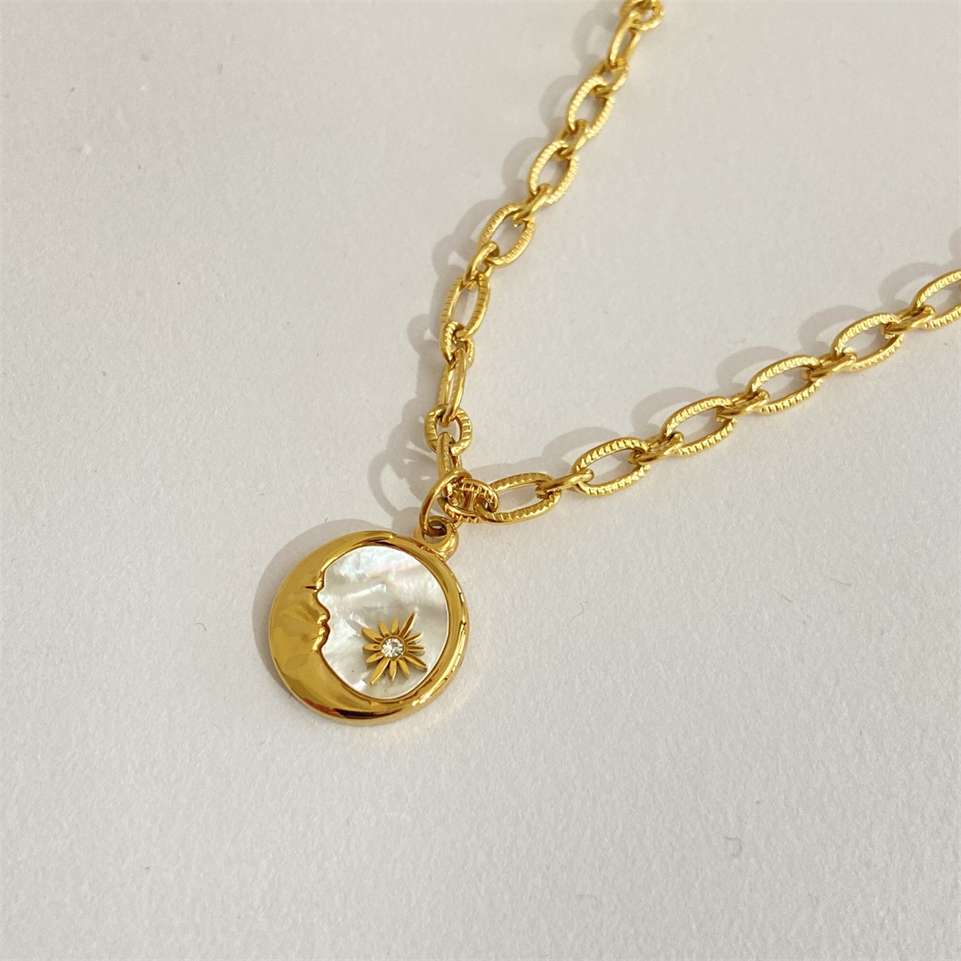 Retro Style Wholesale Jewelry Retro Sun Star Moon Titanium Steel Rhinestones Shell 18K Gold Plated Plating Inlay Pendant Necklace
