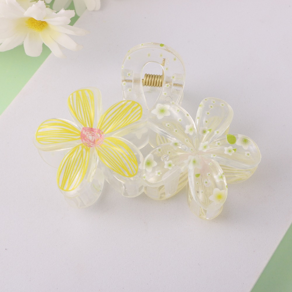 Nuevo color frangipani acrílico pinza para el cabello flor pinza de agarre de alta calidad elegante accesorio para el cabello de mujer pinza de tiburón de agarre lateral