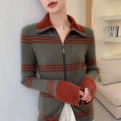 Polo翻领山羊绒开衫女修身纸片人毛衣外套拉链针织拼色条纹打底衫