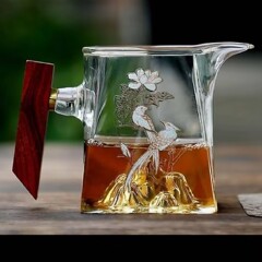 公道杯ガラス観山方公杯嘉陽ガラス透明木柄観山茶海分茶器茶漏れ茶器