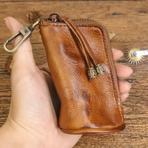 Genuine Leather Key Bag Men's Vintage Waist Hanging Cowhide Simple Large Capacity Bucket Bag Multi-Functional Zipper Key Bag Korean
