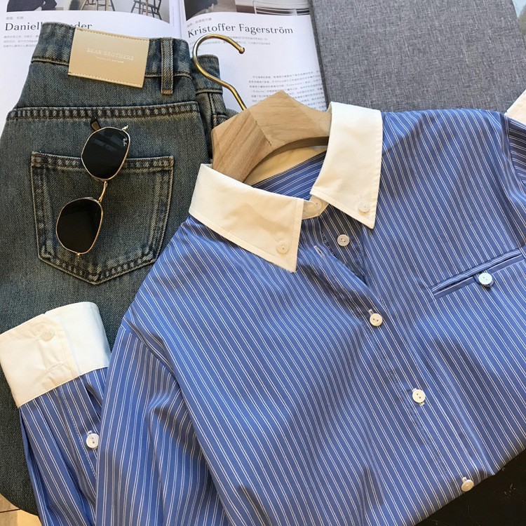 B into the money! Customer Supply Long-staple Cotton ~ Baidai Casual Straight Loose High-density Yarn-dyed Striped Contrast Shirt for Women Spring and Summer