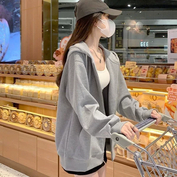 Gray loose-fitting women's sweatshirt, new spring and autumn American-style zip-up hoodie, casual versatile jacket