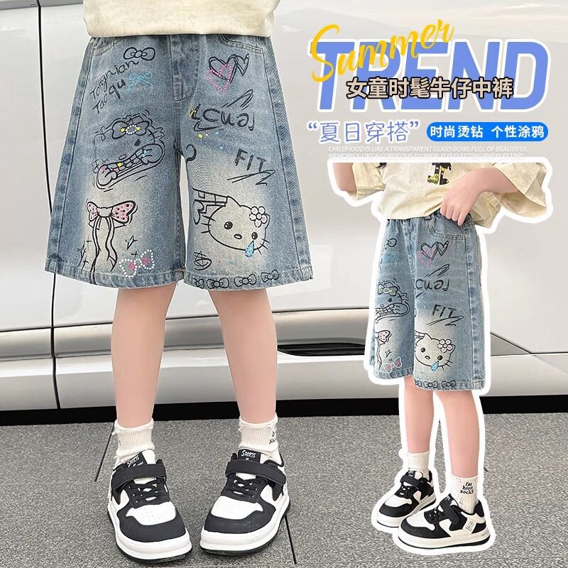 Girls' Korean Style Casual Graffiti Cat Summer Thin Denim Shorts 2026 New Style for Medium and Large Children's Cat Jeans