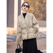 新中式国风夹棉棉服女冬高级感超好看复古提花收腰V领开衫短外套