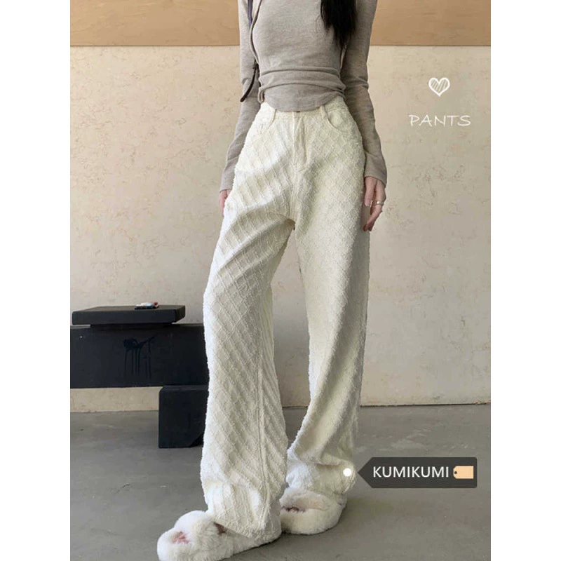 Белые свободные новые жаккардовые джинсы повседневные брюки женские ранние весенние прямые брюки с высокой талией