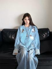 复古慵懒风甜酷小狗印花针织开衫外套女秋季新款宽松长袖圆领毛衣