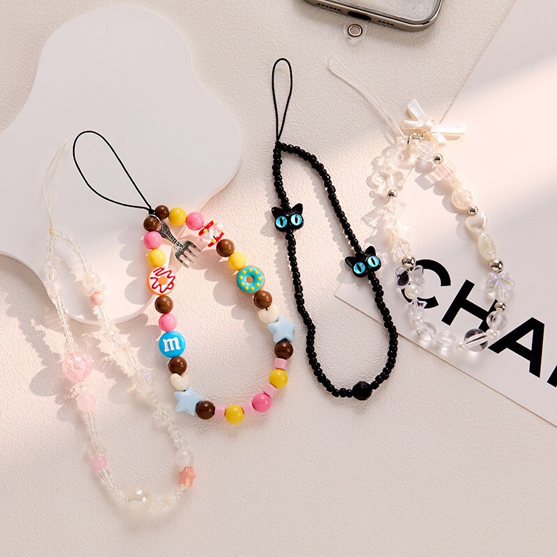 Cartoon Cute Black Cat Bestie Same Style Mobile Phone Rope Wristband Ins Niche Japanese and Korean Rice Beads Beaded Mobile Phone Chain for Women