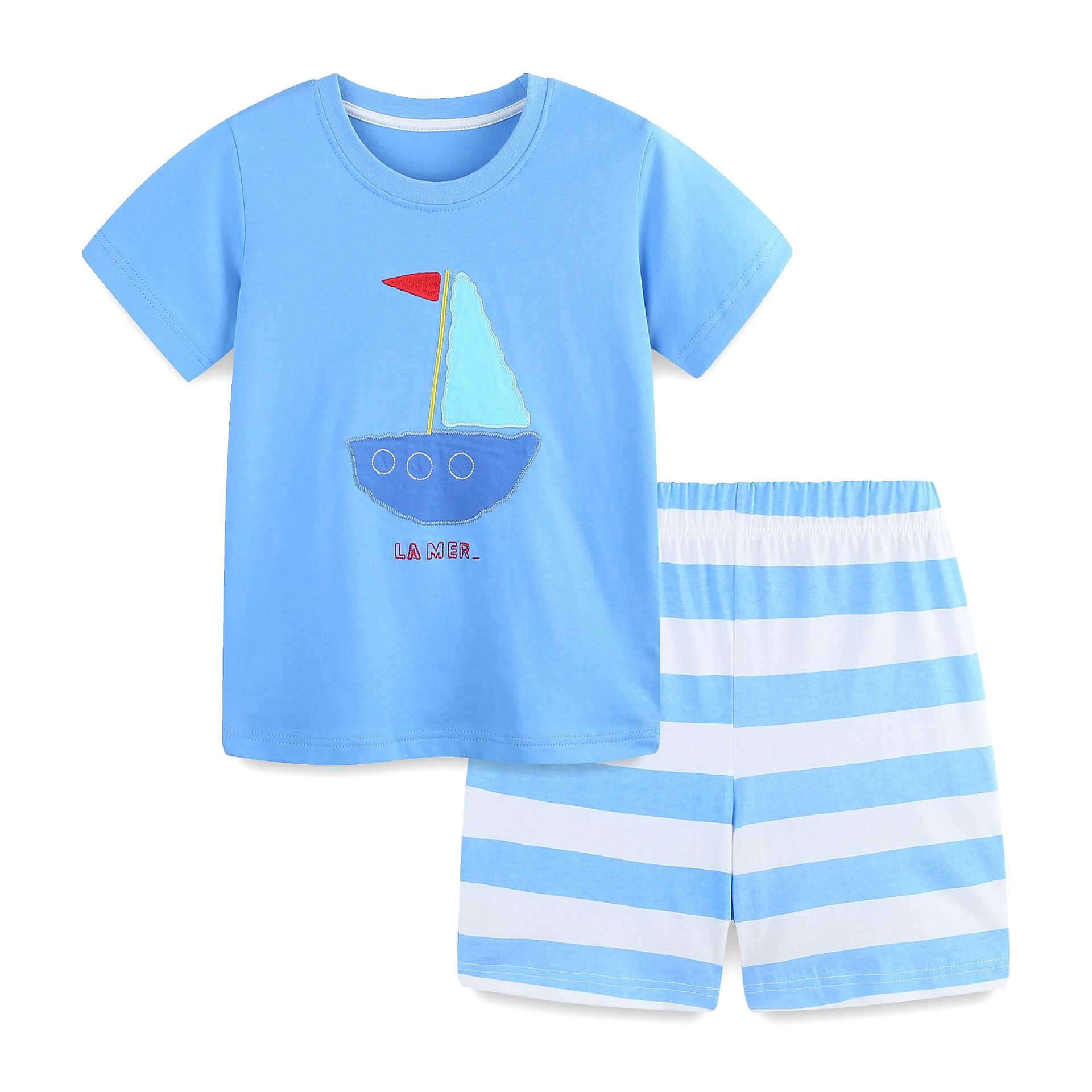 Nuevos productos de verano, trajes para niños, estampados de estilo europeo y americano, trajes de dos piezas de manga corta para niños, dibujos y muestras, procesamiento OEM personalizado