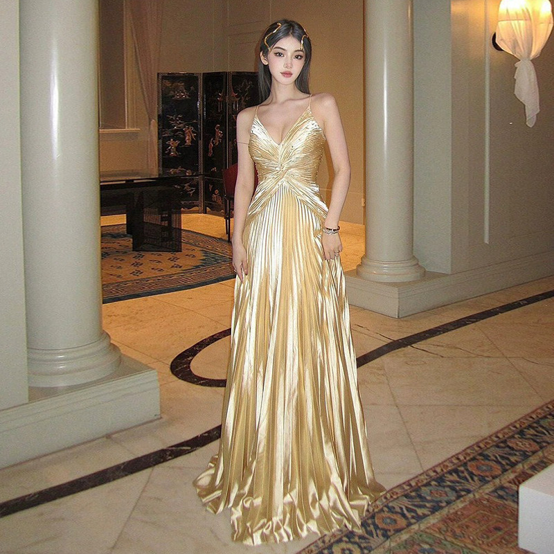 Yellow Strap Small Dress Dress Tight Waist Slimming Celebrity Holiday Sexy Backless Dress Maillard