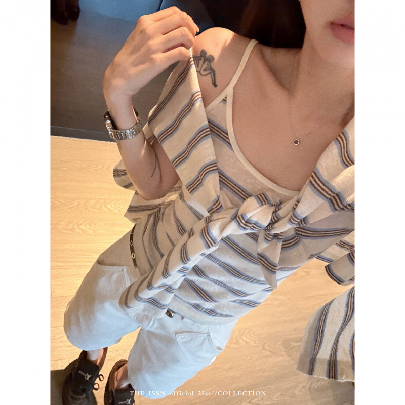 【广州面料雪花亚麻色织】条纹针织吊带背心女防晒长袖开衫上衣套|undefined