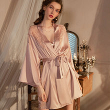 纯欲风仿真丝睡袍女性感睡衣情趣内衣蕾丝浴袍丝绸大码睡裙12294