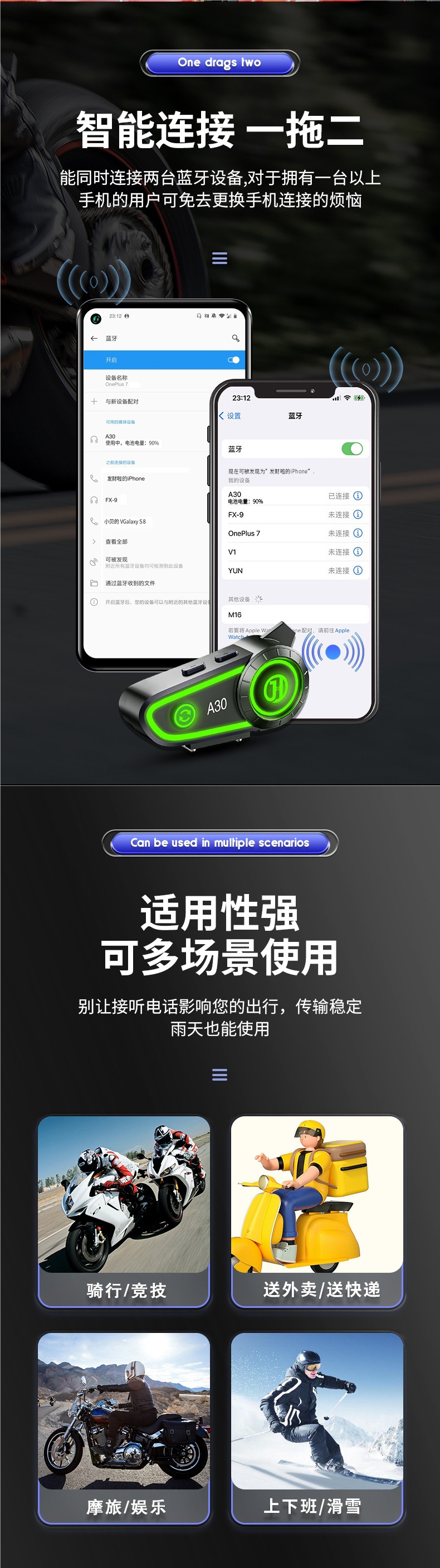 Hengjiang-A30 Waterproof Helmet Bluetooth Headset Motorcycle Takeaway Rider Full Helmet Half Helmet Long Battery Life Mesh Intercom