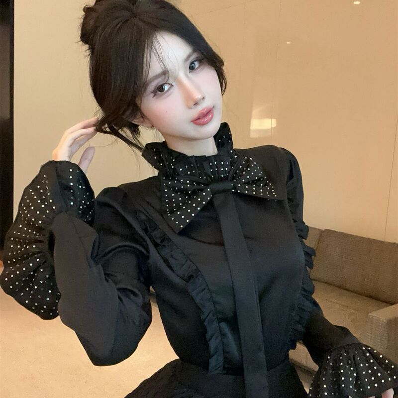 Pre-Sale Shanlida Di Chanel-Style Heavy-Duty Rhinestone Satin Shirt for Women Early Spring Bowknot Half-High Collar Top
