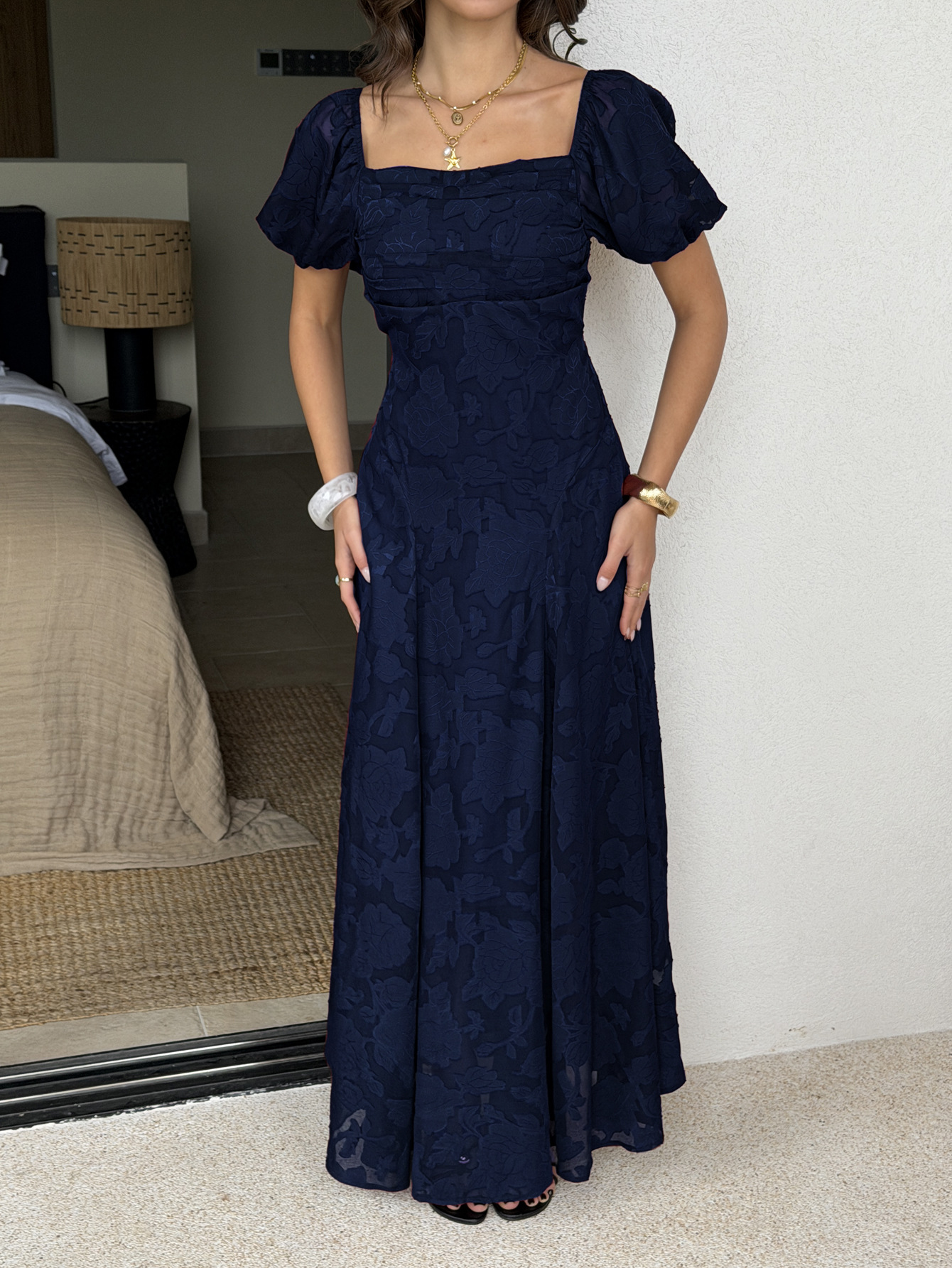 Women Retro Vintage Square Neck Puff Sleeve Jacquard Textured High Waist Slim Fit Dress Casual Party Wear_ecoleips.com