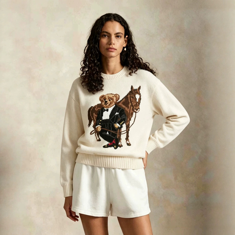 European and American 2026 Fall/Winter New Cross-Border American Equestrian Dress with Horse Riding Bear Patch Embroidery Knit Crew Neck Sweater European and American 2026 Fall/Winter New Cross-Border American Equestrian Dress with Horse Riding Bear Patch Embroidery Knit Crew Neck Sweater