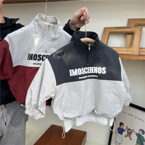  Autumn Children's American Style Colorblock Waterproof Jacket for Boys and Girls with Stand-up Collar, Letters, Retro Windproof Outerwear