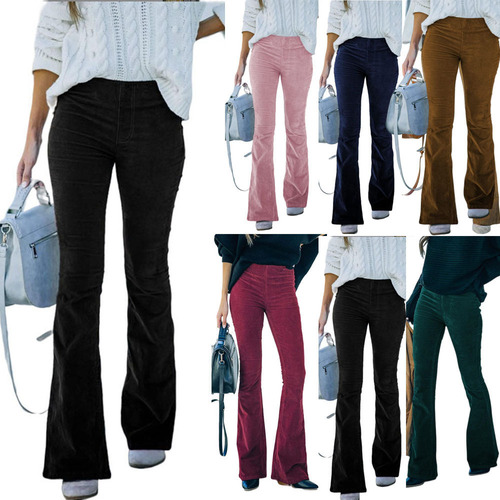 Summer and Autumn Women's Solid Color High-Waisted Tapered Relaxed Flared Corduroy Elastic Waist Casual Pants