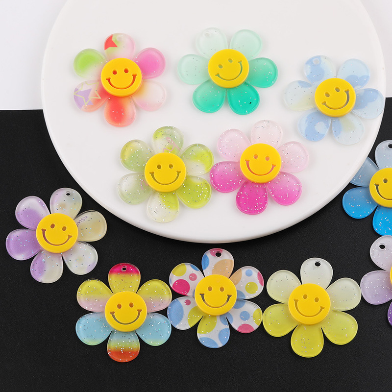 Cartoon Smiling Face Glitter Sunflower Acrylic DIY Handmade Bag Keychain Pendant Accessories Small Parts