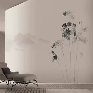 新中式水墨竹子茶室墙布客厅素雅简约电视壁纸办公室装修硬包