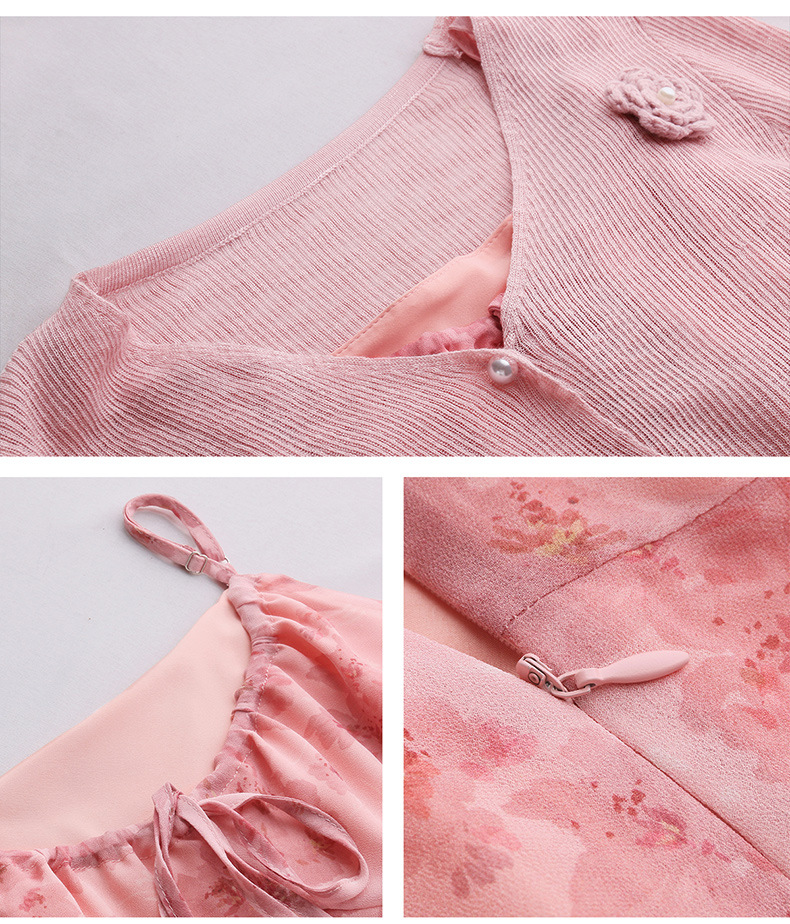 Bộ váy hai dây kèm áo khoác cardigan họa tiết hoa nhí dáng chữ A — Màu hồng, xanh lá cây chi tiết 23