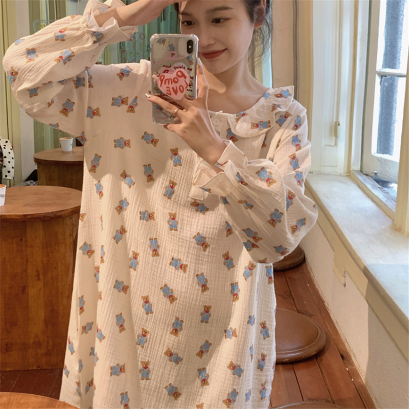 봄과 가을 부드러운 귀여운 여성용 긴팔 크레이프 나이트가운 느슨한 세탁 버블 코튼 풀오버 긴 원피스