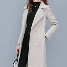 中长款春秋冬季毛呢外套女简约保暖毛呢大衣长款长袖女玉白色黑色