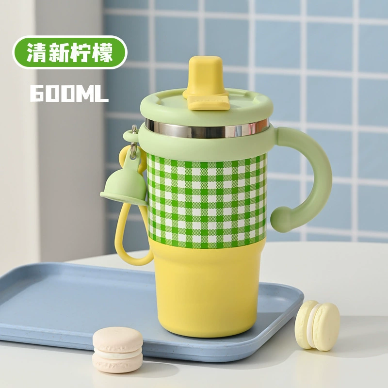 Новая двойная чашка для питья большой емкости, маленькая чашка для льда, модная клетчатая чашка-термос из нержавеющей стали, красивая соломенная чашка для девочек