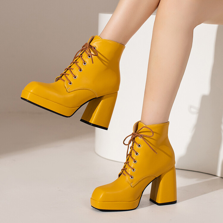 Solid color square head front strap waterproof platform thick heel short leg boots_voghion.com