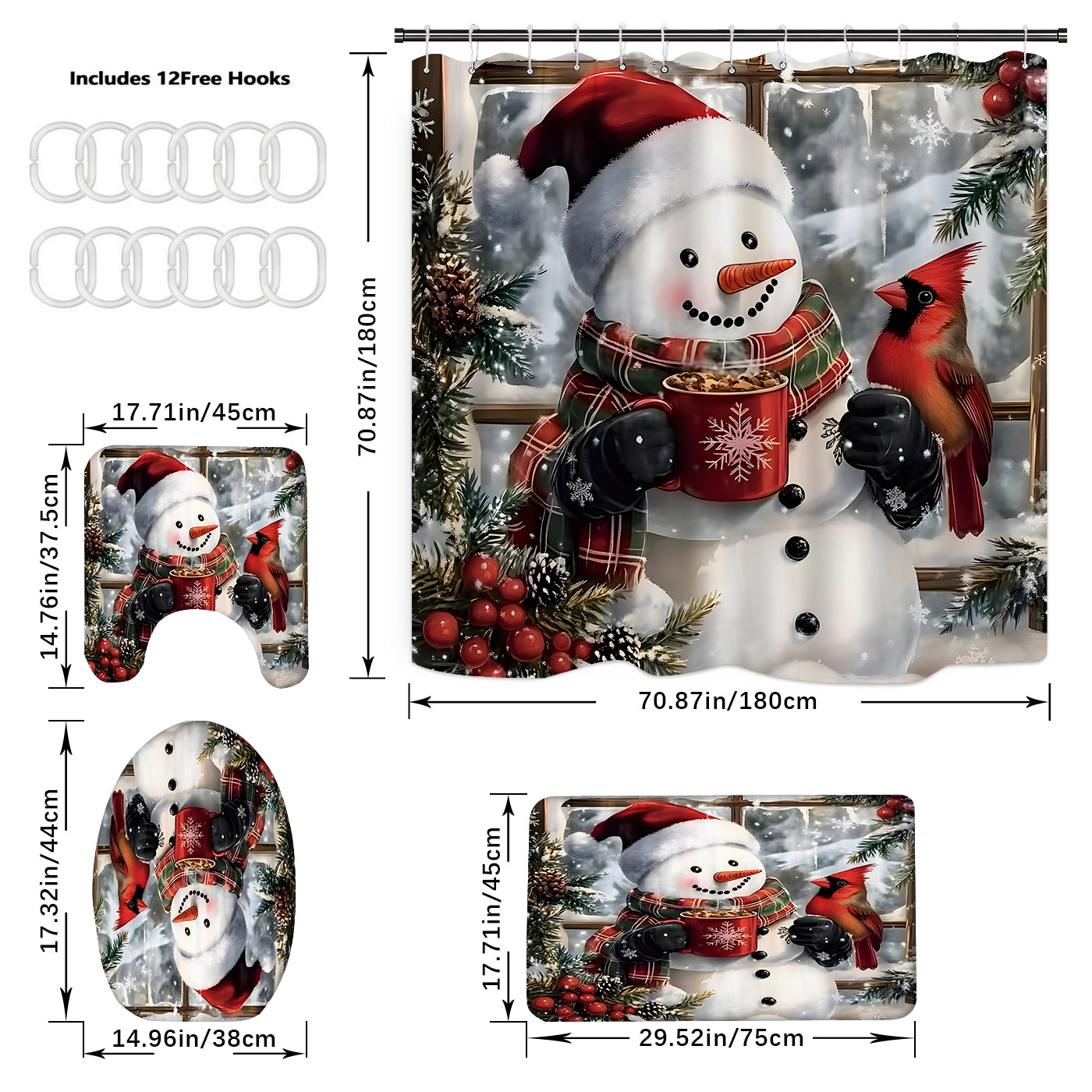 Cortina de ducha de poliéster impermeable con estampado navideño rojo, cortina de ducha creativa con diseño digital 3D, estilo americano y europeo, suministro directo transfronterizo del fabricante