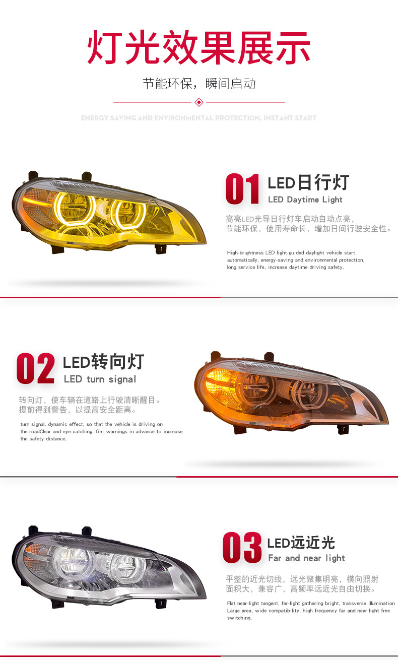 Suitable for 07-13 BMW X5 headlight assembly E70, modified with high-end LED angel eyes daytime running lights and turn signals