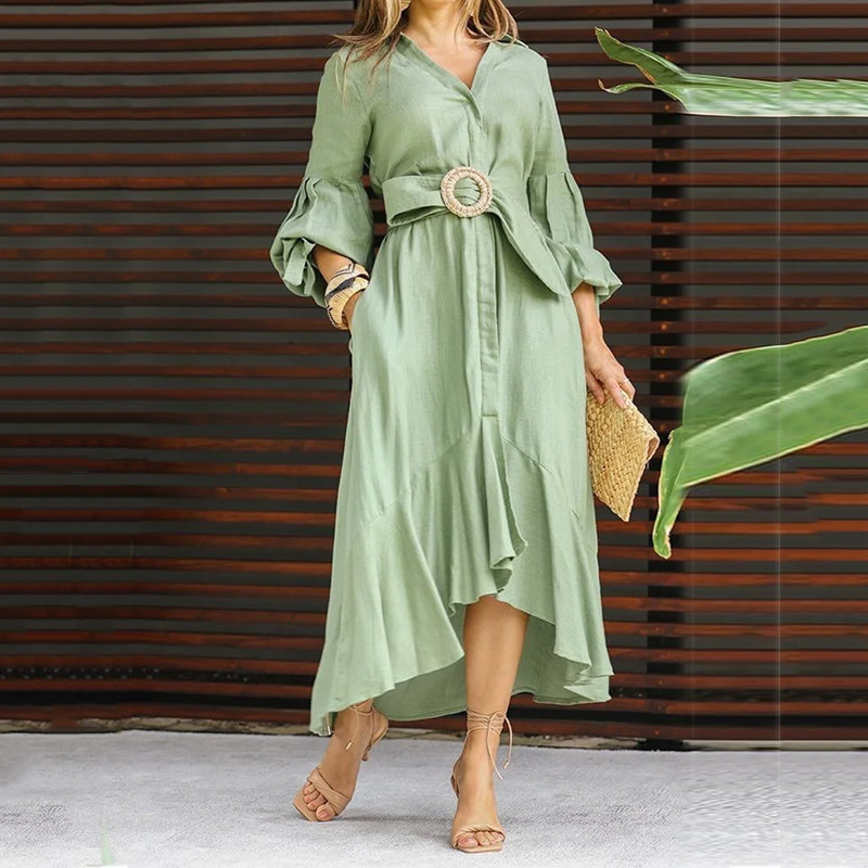 Green Dress West Dress Fashion Casual Full Sleeve V-Neck Lapel Solid and Pocket Long Dress