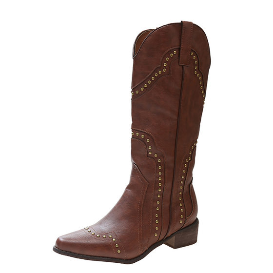 2024 European and American New Retro Rivet Western Cowboy Boots All-match High-level Knee-high Knight Boots Thick Heel Cowboy Boots for Women