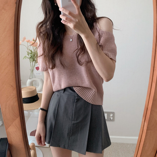 Gentle style, off-the-shoulder short-sleeve sweater, women's summer new style, chanel style loose shirt, sweet and spicy style top