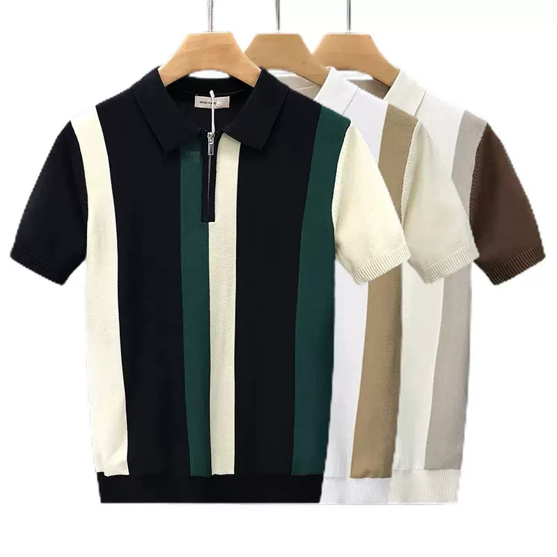 跨境爆款欧码大码POLO衫翻领短袖针织衫男半拉链拼色商务工厂批发