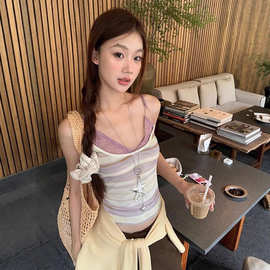 设计感吊带背心女夏外穿2025新款露背辣妹蕾丝紫色条纹无袖上衣女