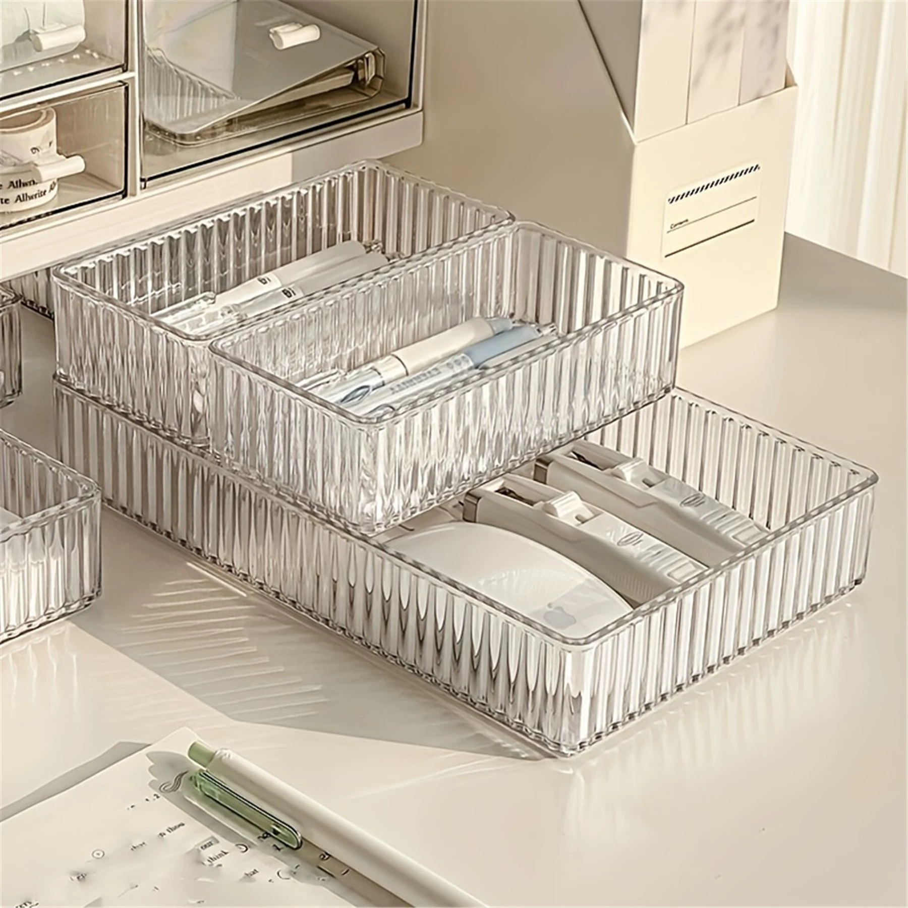 Table Storage Box, PET Striped Long Transparent Organizer — Extra Small to Large