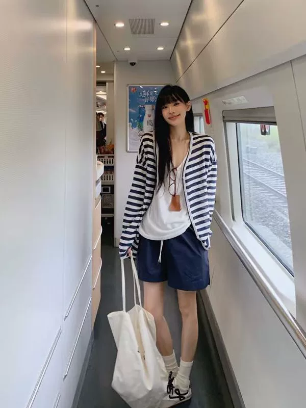Retro long-sleeve, summer thin jacket, V-neckline, sun protection, oversize