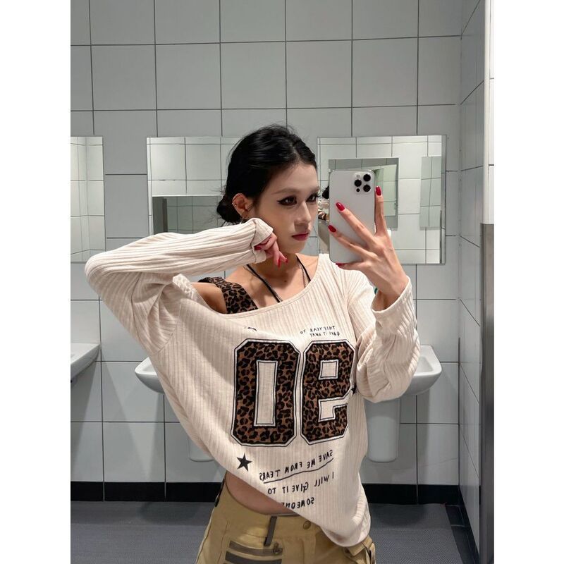 American-Style Knitted Textured Off-Shoulder Long-Sleeve T-Shirt for Women, Autumn Loose Slimming Hot Girl Off-Shoulder Embroidered Top
