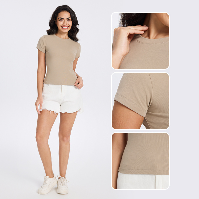 French Round Neck Right Shoulder Short-Sleeved T-Shirt for Women Summer Short Elastic Slim Sexy Style Slim and Versatile Crop Top